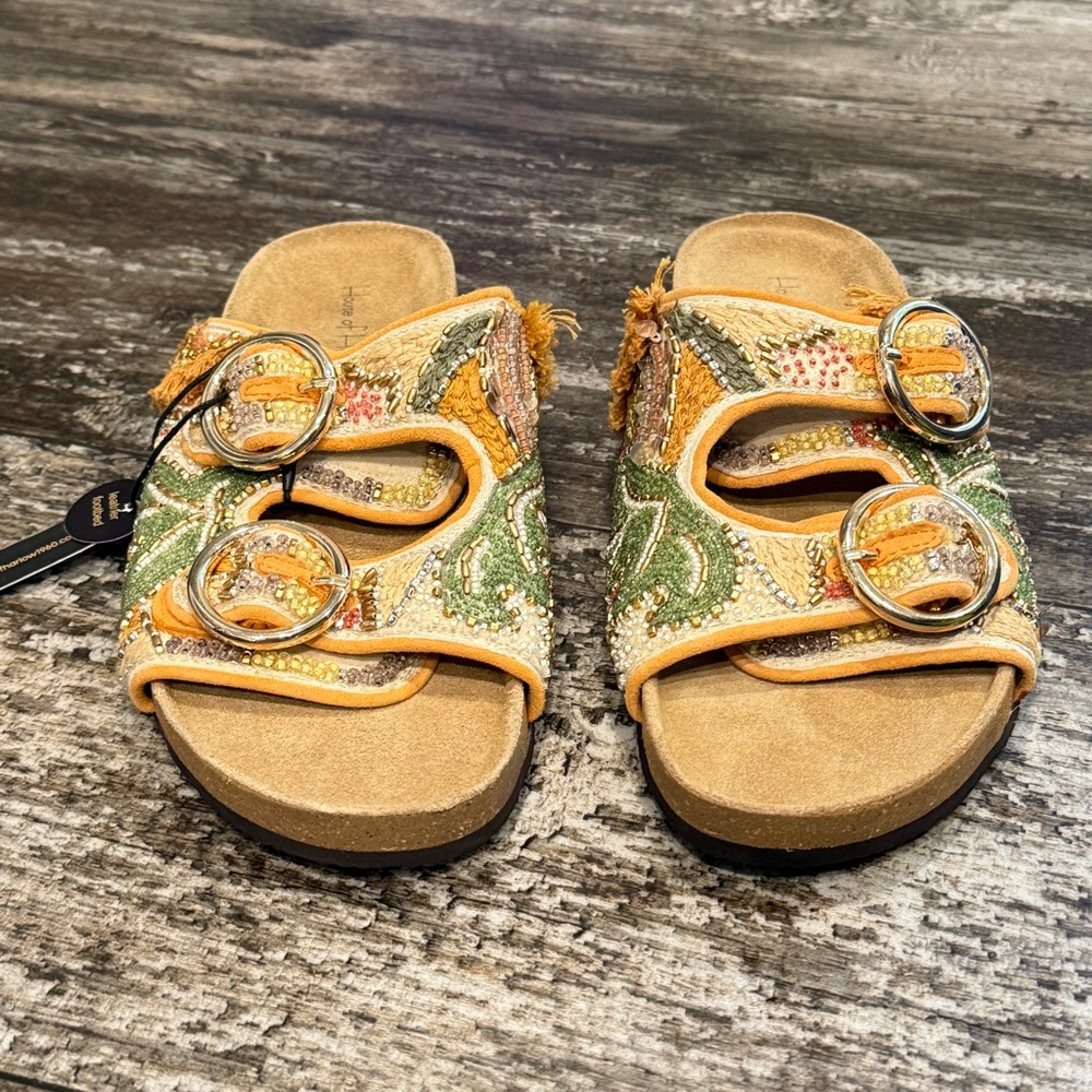 House of Harlow Slides 1960 Beaded Leaf Leather Buckle Sandals Size 8.5 NWT‎ - Picture 2 of 15